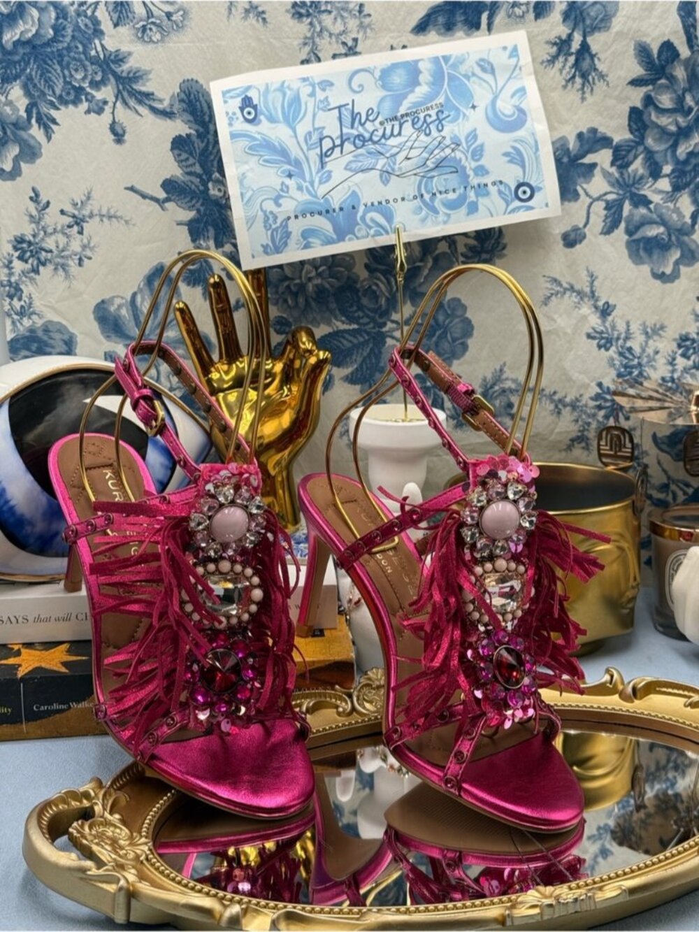 🆕 KURT GEIGER LONDON 🧿 NWOB Jewel Fringe Heel, Metallic Fuchsia - Sz 37 US 7